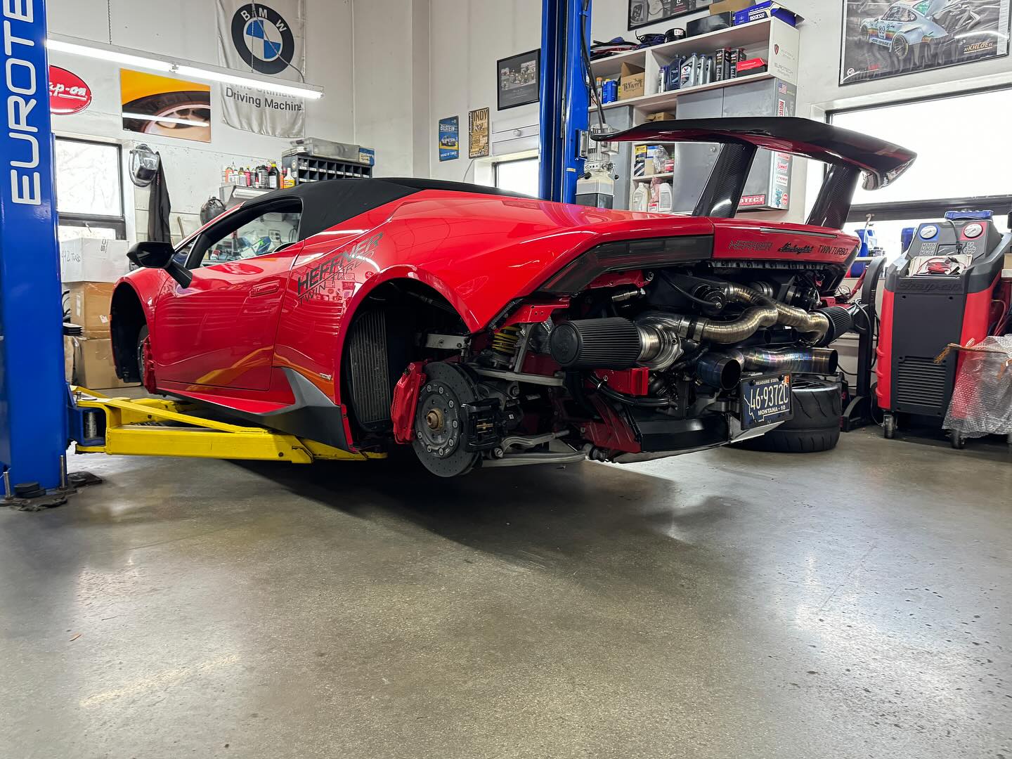 Lamborghini Huracán twin-turbo build on the lift at Eurotech Motorsports